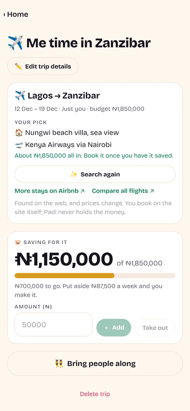A solo trip to Zanzibar with the stay and flight picked and savings towards it
